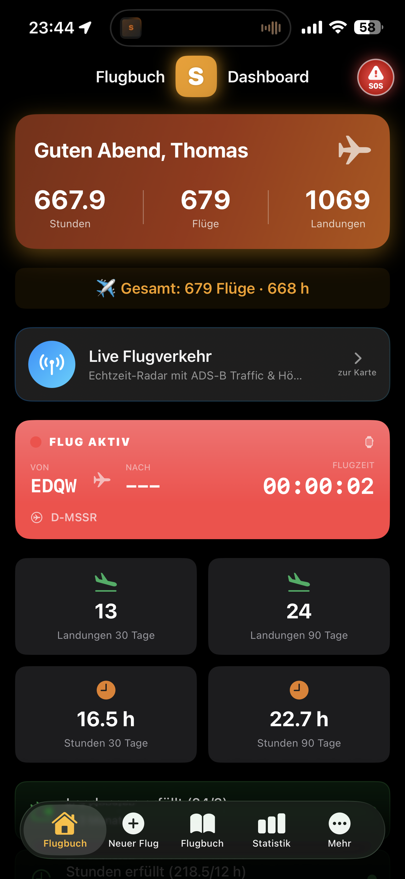 Dashboard mit aktivem Flug von der Apple Watch gestartet
