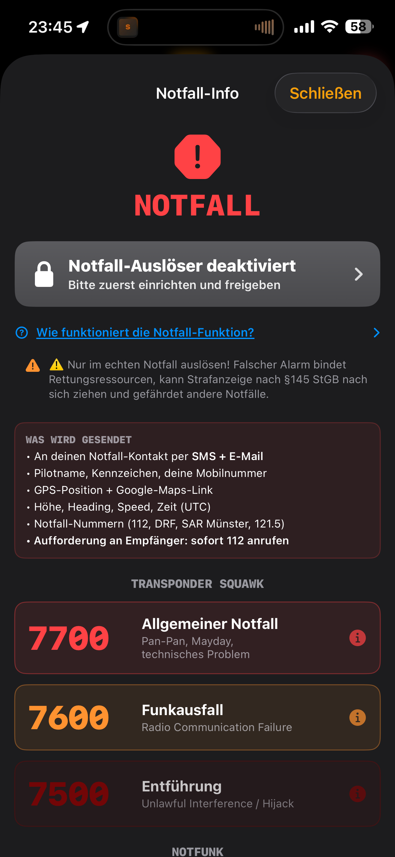 Notfall-Screen mit Transponder-Squawks 7700/7600/7500 und Notfall-Auslöser